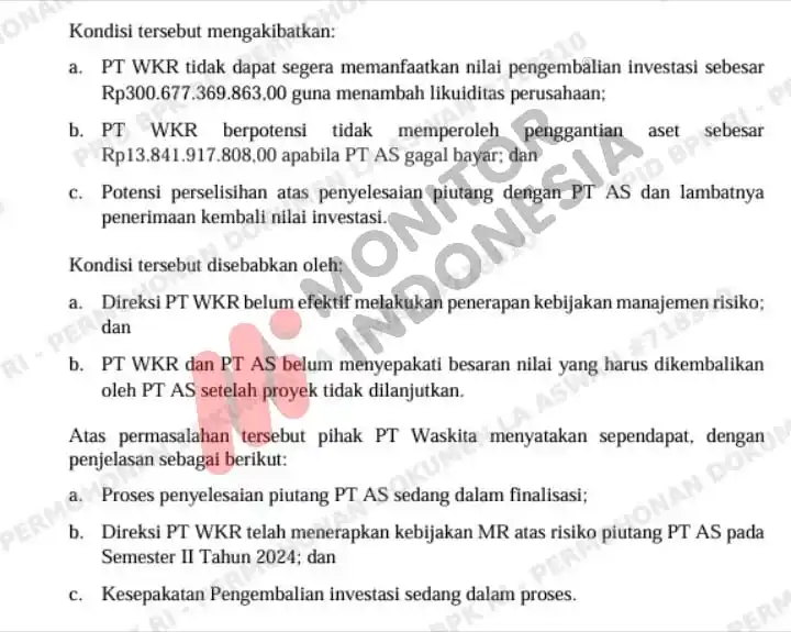 Laporan Hasil Pemeriksaan Kepatuhan atas Pengelolaan dan Pertanggungjawaban Keuangan Tahun Buku 2022 (Semester II s.d. Semester I 2024) PT Waskita Karya (Persero) Tbk, Anak Perusahaan, dan Instansi Terkait Lainnya di Provinsi DKI Jakarta, Jawa Barat, dan Kalimantan Timur. Nomor : 30/LHP/XX/5/2025 Tanggal : 21 Mei 2025 Direktorat Jenderal Pemeriksaan Keuangan Negara VII (Foto: Dok MI)