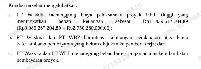 Laporan Hasil Pemeriksaan Kepatuhan atas Pengelolaan dan Pertanggungjawaban Keuangan Tahun Buku 2022 (Semester II s.d. Semester I 2024) PT Waskita Karya (Persero) Tbk, Anak Perusahaan, dan Instansi Terkait Lainnya di Provinsi DKI Jakarta, Jawa Barat, dan Kalimantan Timur. Nomor : 30/LHP/XX/5/2025 Tanggal : 21 Mei 2025 Direktorat Jenderal Pemeriksaan Keuangan Negara VII (Foto: Dok MI)