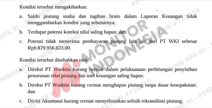 Laporan Hasil Pemeriksaan Kepatuhan atas Pengelolaan dan Pertanggungjawaban Keuangan Tahun Buku 2022 (Semester II s.d. Semester I 2024) PT Waskita Karya (Persero) Tbk, Anak Perusahaan, dan Instansi Terkait Lainnya di Provinsi DKI Jakarta, Jawa Barat, dan Kalimantan Timur. Nomor : 30/LHP/XX/5/2025 Tanggal : 21 Mei 2025 Direktorat Jenderal Pemeriksaan Keuangan Negara VII (Foto: Dok MI)