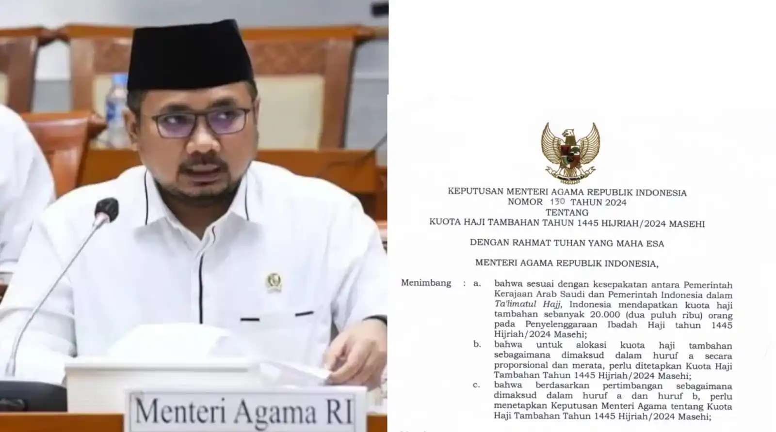 Mantan Menteri Agama Yaqut Cholil Quomas (kiri) dan SK tentang kuota haji 2024 (kanan) (Foto: Kolase MI/Diolah)